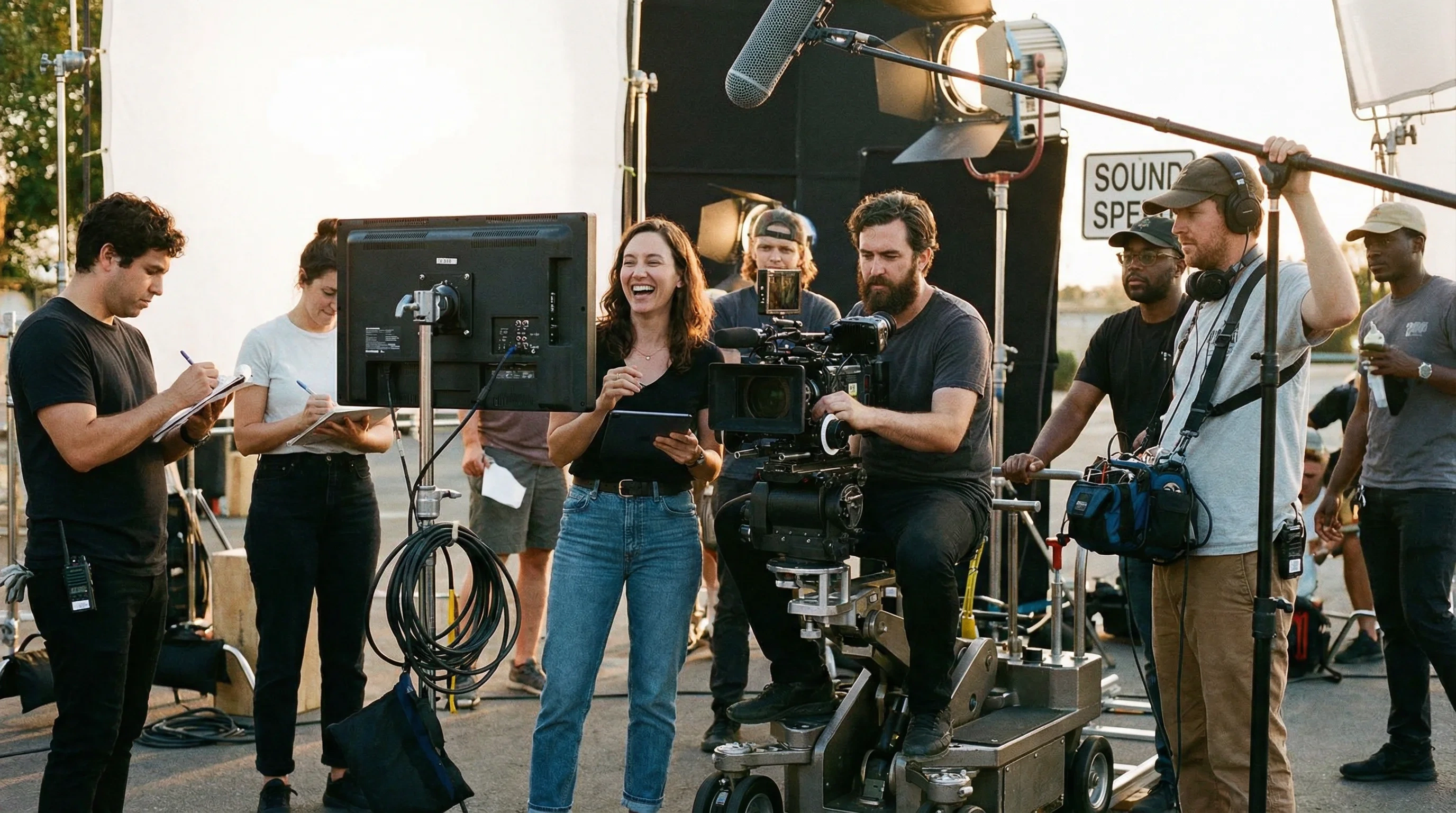 专业电影制作团队在片场协作工作