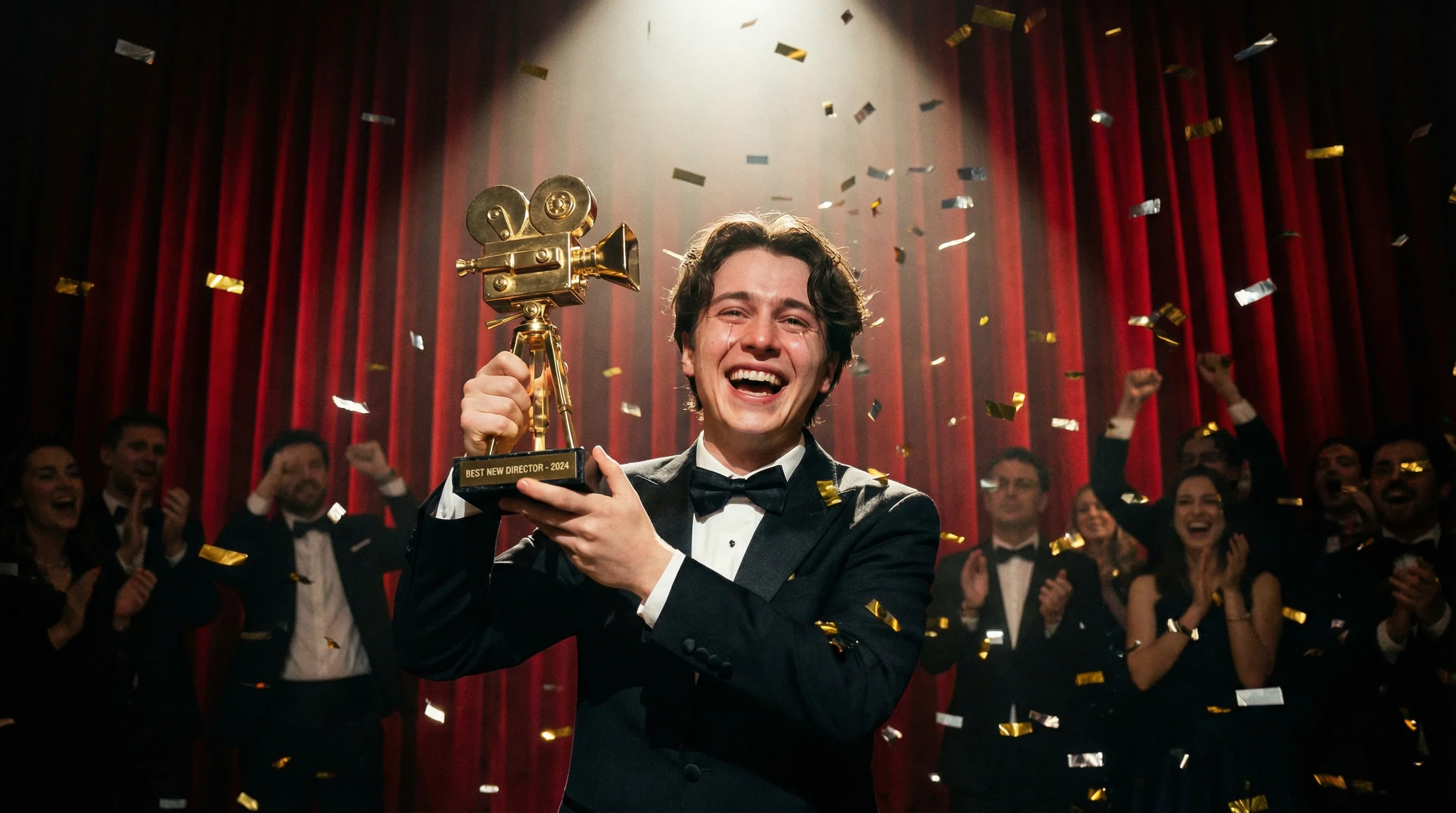 获奖青年导演在电影节颁奖典礼上举起奖杯